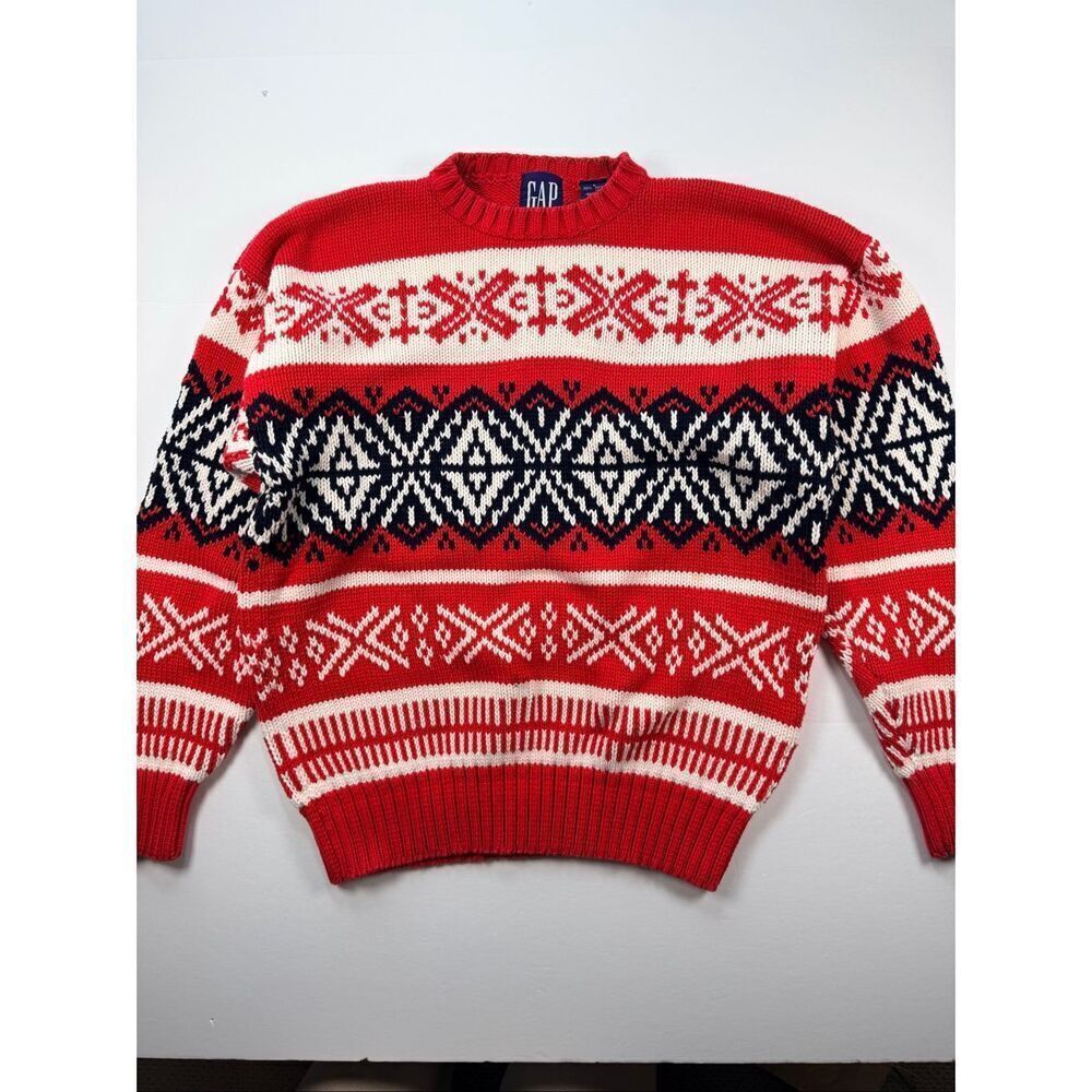 Vintage Gap Sweater Mens Large Pullover Red Nordic Grandpa Snow Flake Vintage